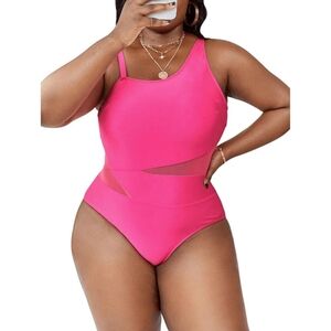One Piece Swimsuit Contrast Mesh Asymmetrical Neck Monokini Bathing Suit (Pink)